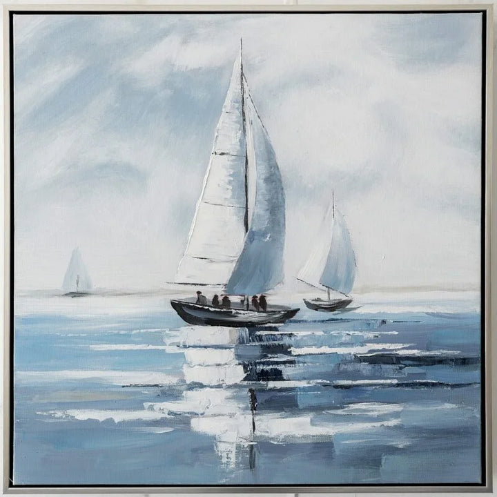 Sailing Boats Blue Canvas in Silver Frame
