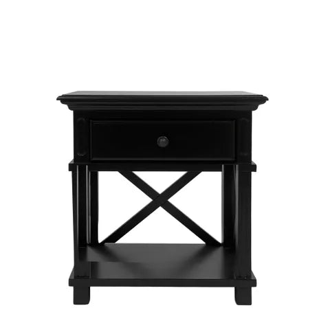 Sorrento Bedside Table - Black - cross back - single draw