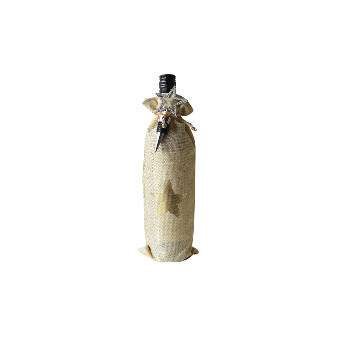 Burlap bottle gift bag with gold star and bottle stopper