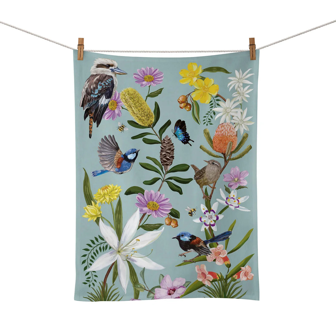 Back country kookaburra tea towel cotton/linen blend