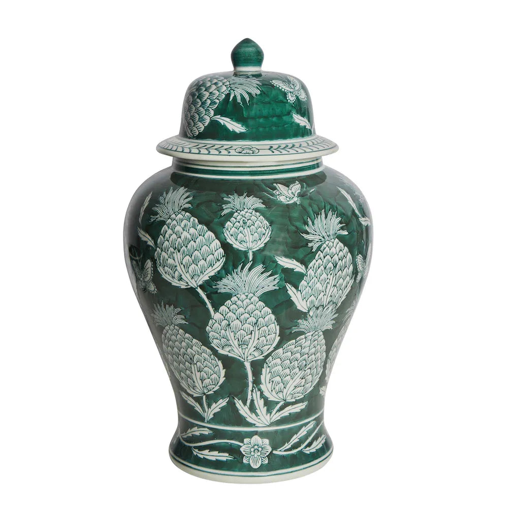 Large Green and white Thistle Porcelain Ginger Jar with lid