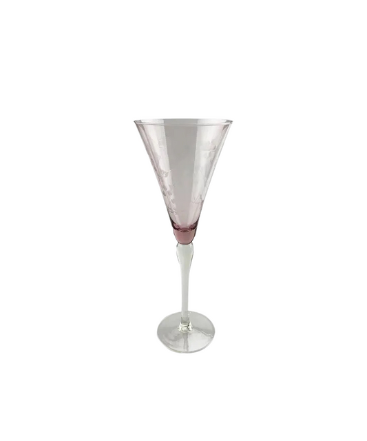 Floral Etched Tall Wine Glass - Pink