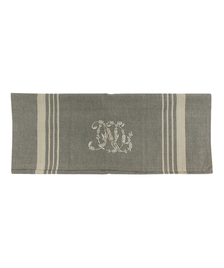 Linen Monogram Tea Towel - Grey Natural Stripes