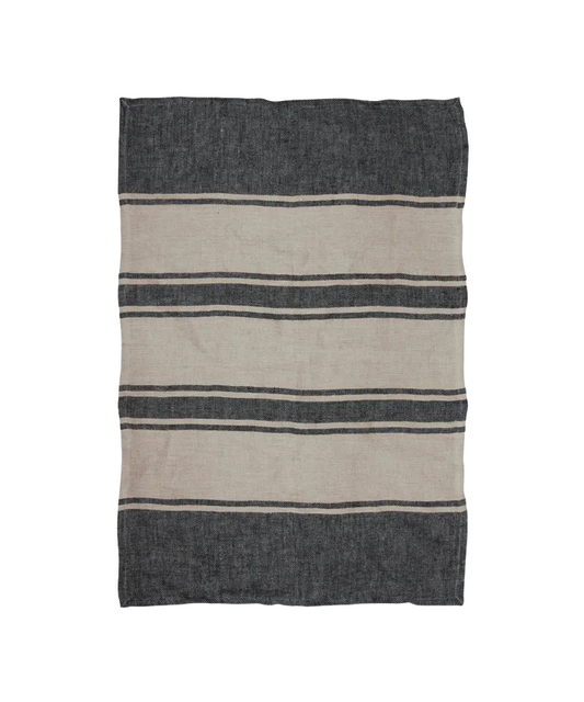 Linen Charcoal Tea Towel - Natural Stripes