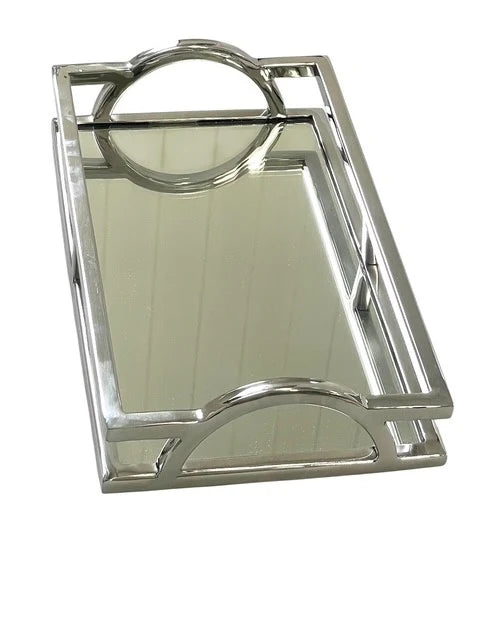 Vanity Mirrored Tray Silver with Arched Handles