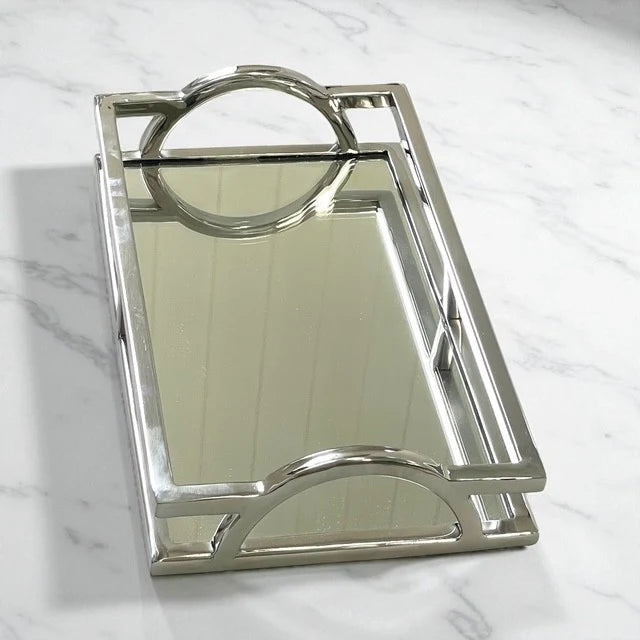 Vanity Mirrored Tray Silver with Arched Handles