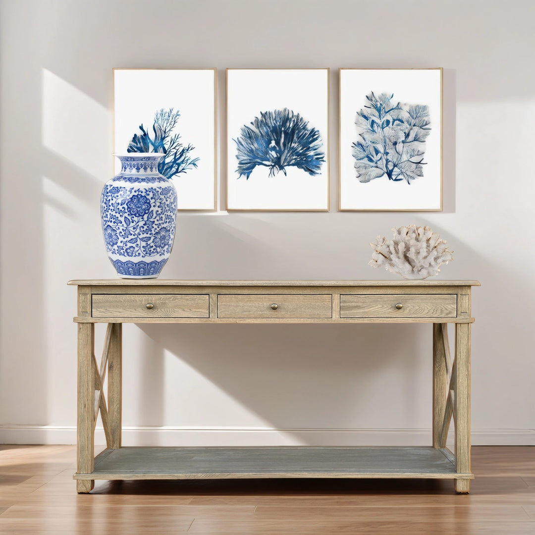 X Brace Three Drawer Console - Weathered oak