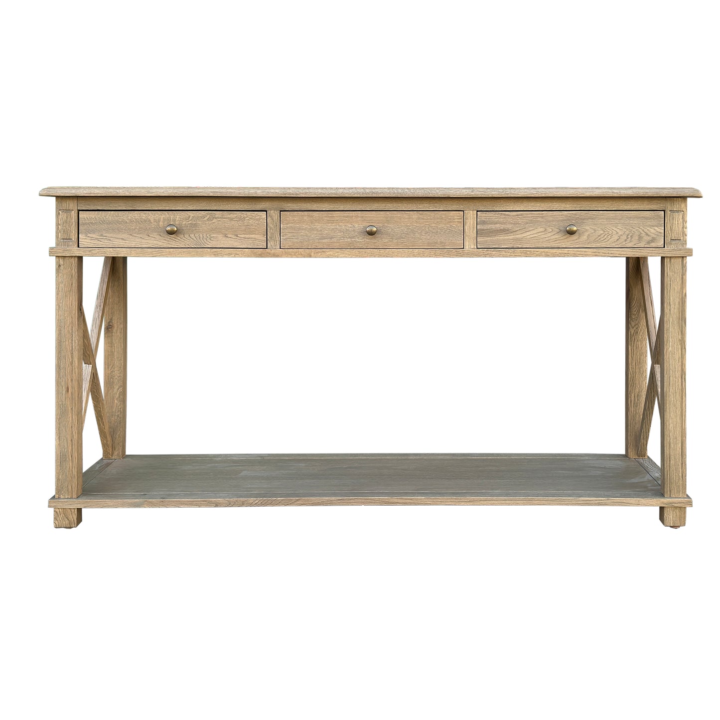 X Brace Three Drawer Console - Weathered Oak