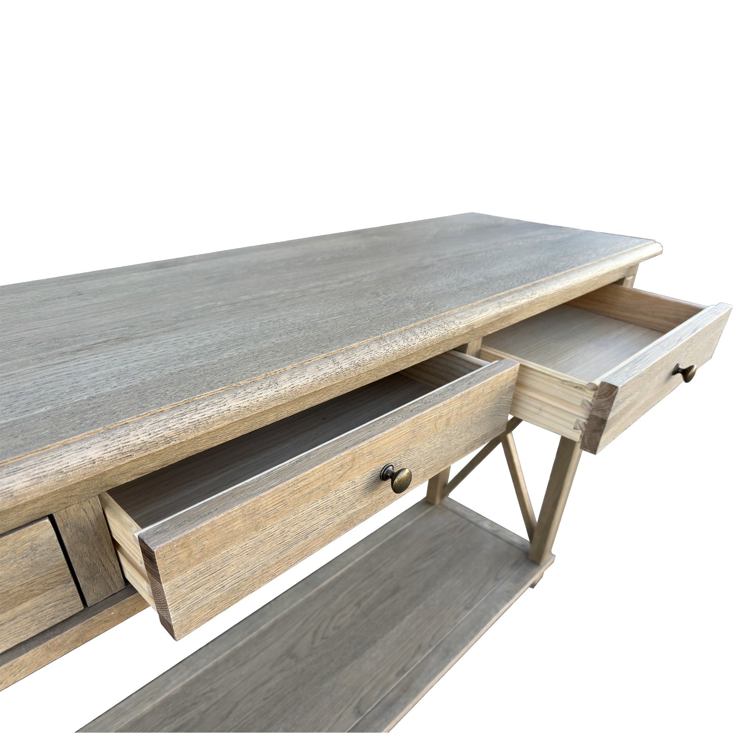 X Brace Three Drawer Console - Weathered Oak
