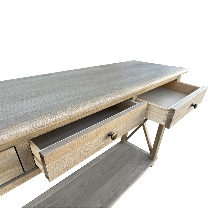 X Brace Three Drawer Console - Weathered oak