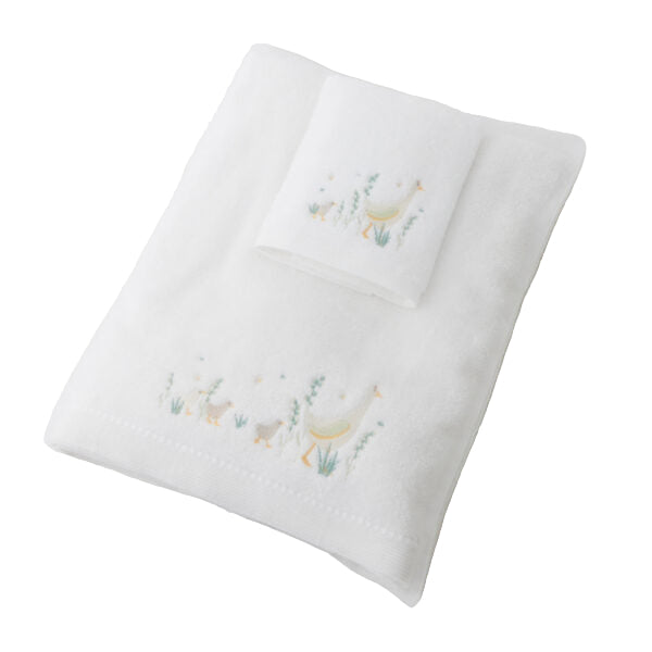 baby towel and face washer set with ducks embroidered on them, perfect gift for baby or young children