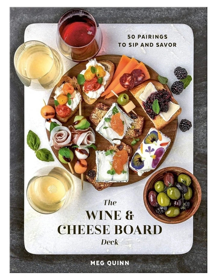 A cover image of the product titled 'The Wine & Cheese Board Deck'. It shows a deck box with an image of a cheese board and wines on the cover, indicating the theme of pairing wine and cheese.