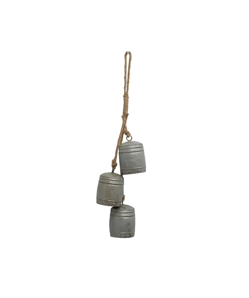 Three gray ceramic pots hanging from a rope on a white background