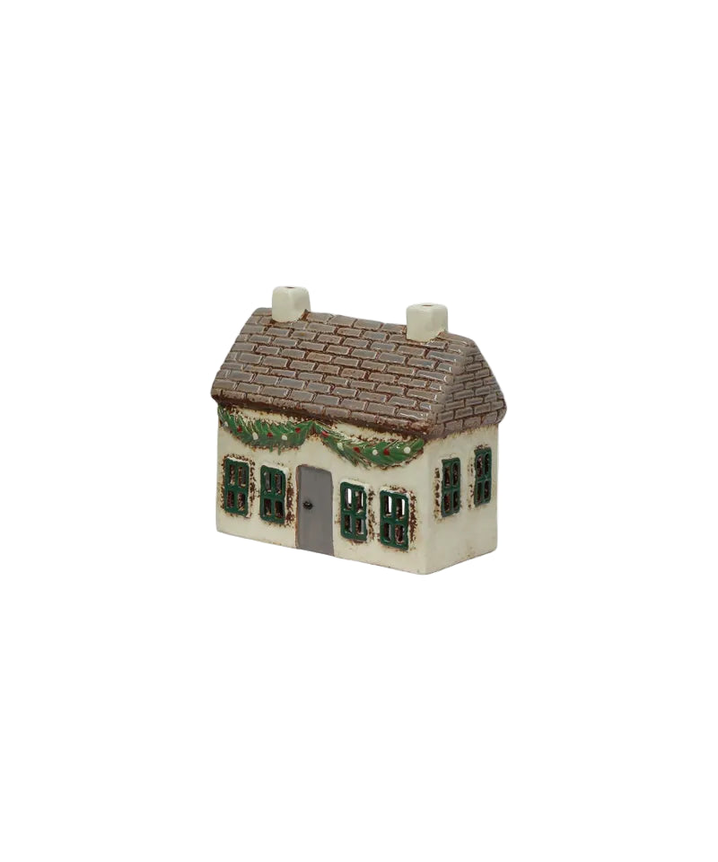 christmas tealight house with swag and green windows