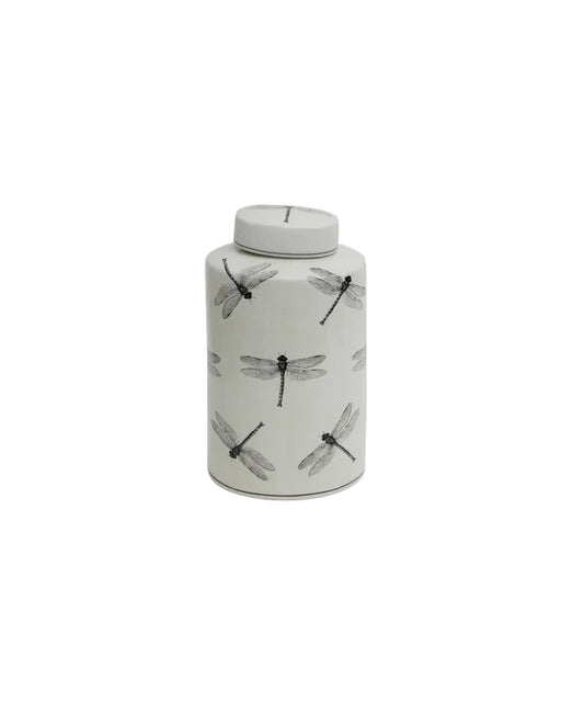 Porcelain dragonfly Oval lidded jar grey an white