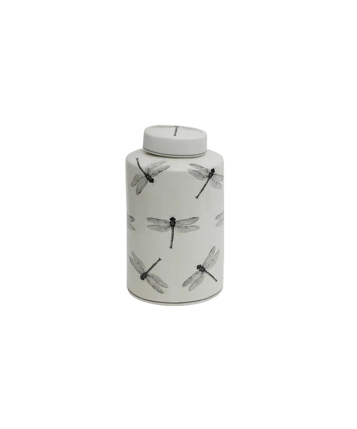 Porcelain dragonfly Oval lidded jar grey an white