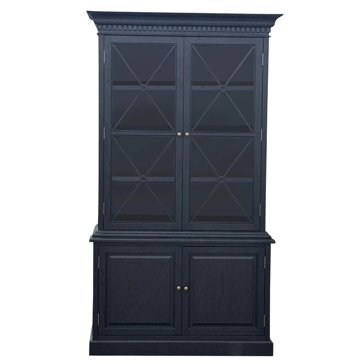 beautiful french inspired black oak cabinet, double glass doors, unique features, brass handles