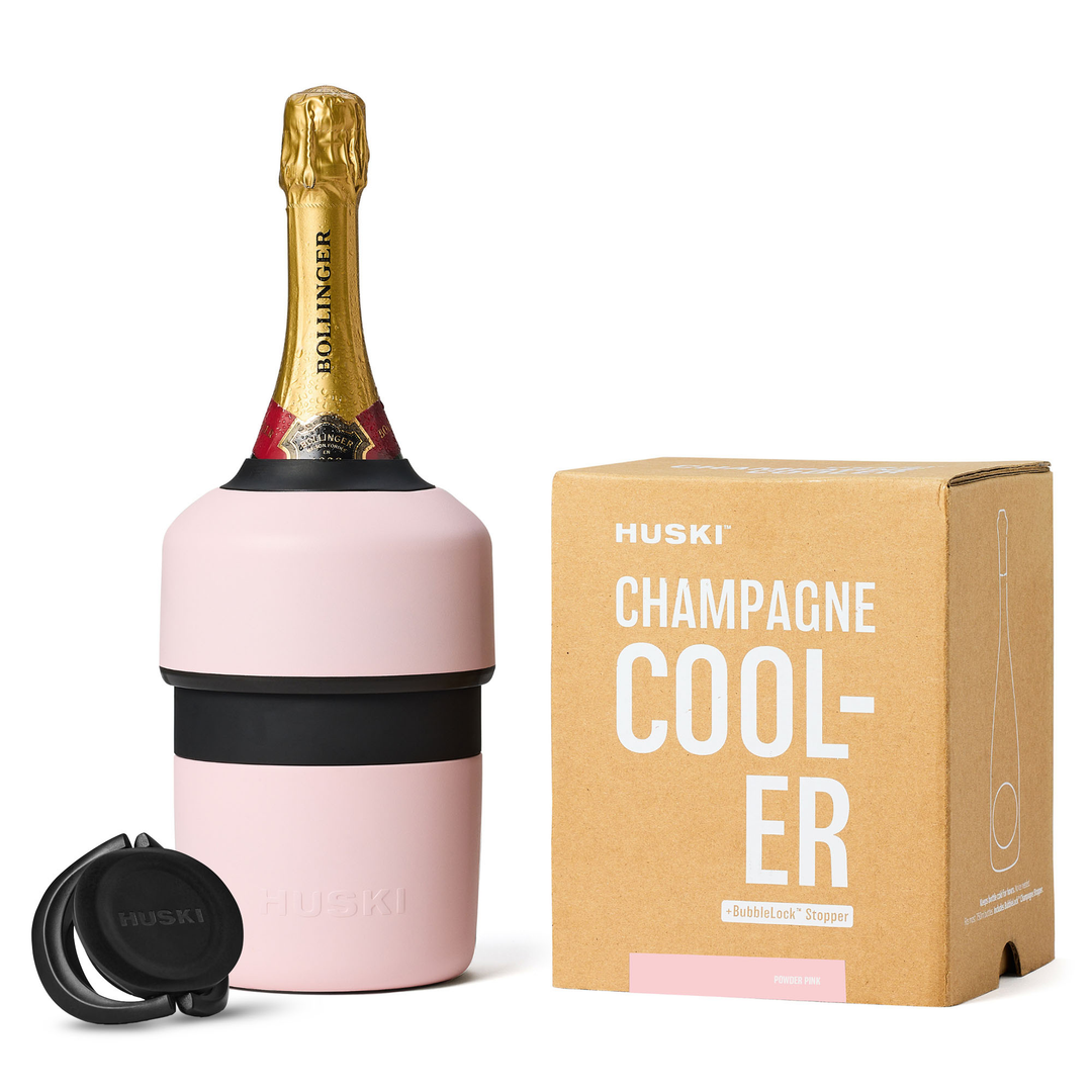 huski pink champagne cooler, no ice needed, keeps drinks cold for more than 6 hours, adjustable size