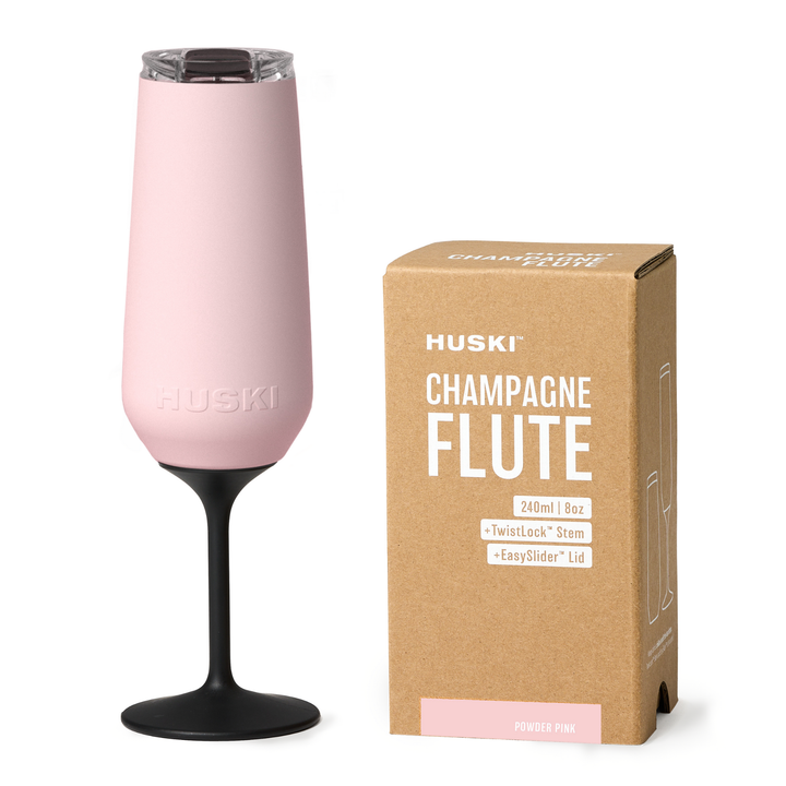 huski pink champagne flute, detachable stem, spill safe lid, popular design that keeps drinks cool for hours