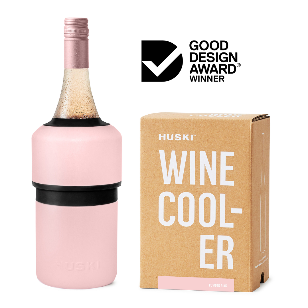 huski pink wine cooler, keeps bottles cold for hours, no ice needed, perfect for entertaining or as a gift
