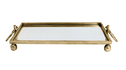 Iron gold finish rectangle tray with handles and mirror base