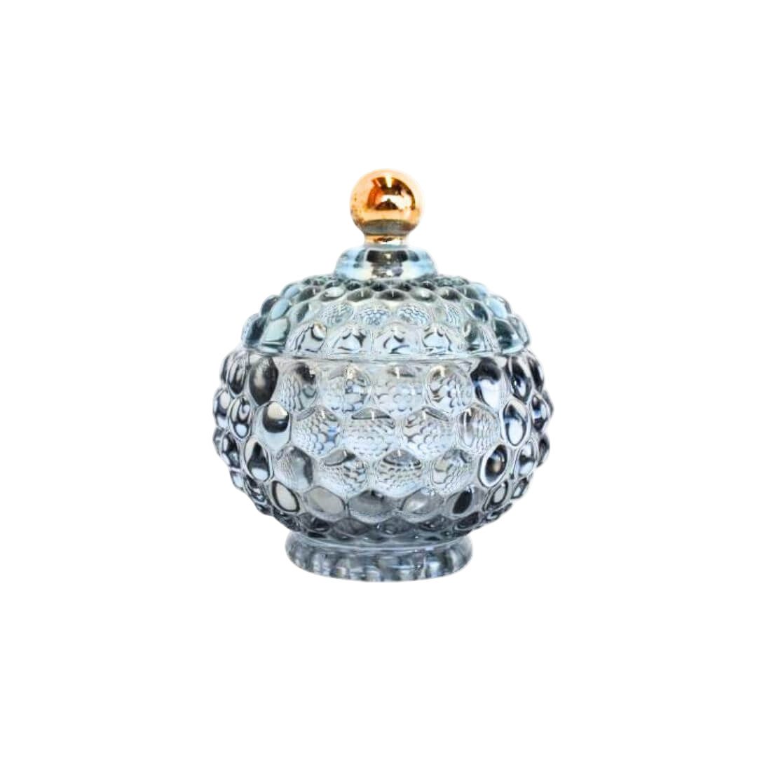 decorative blue glass jar with gold feature top to lid. Perfect for bedroom, bathroom or decorating