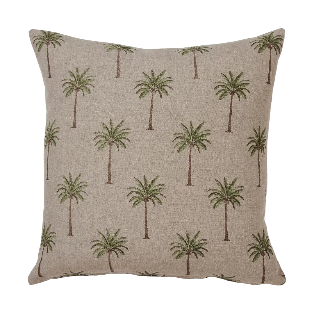 linen cushion with printed palm tree pattern