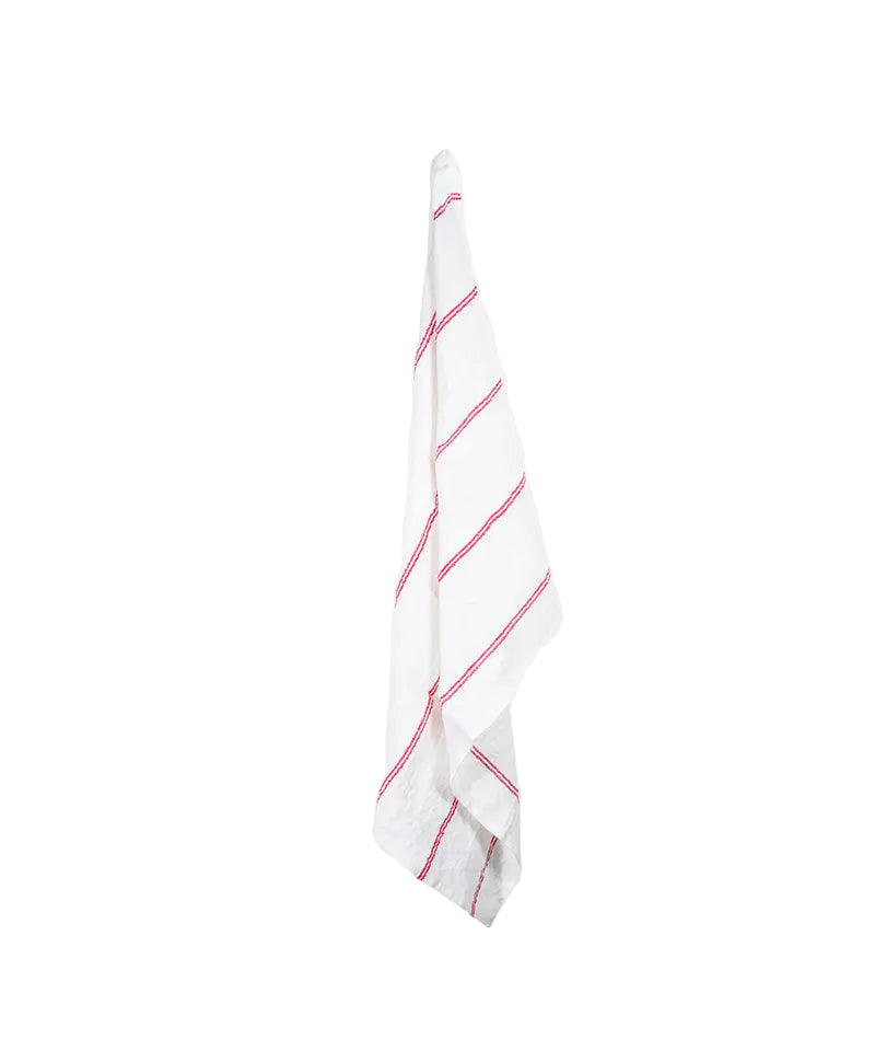 linen white and red striped tea towel