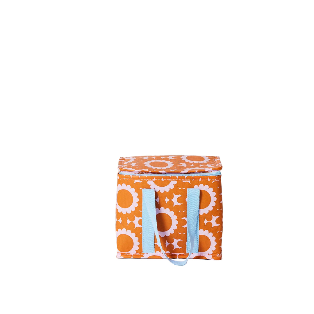 mini insulated tote, can carry 6 pack or your lunch, geo metric orange, pink and blue features, recycled plastic, project ten