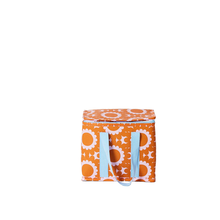 mini insulated tote, can carry 6 pack or your lunch, geo metric orange, pink and blue features, recycled plastic, project ten