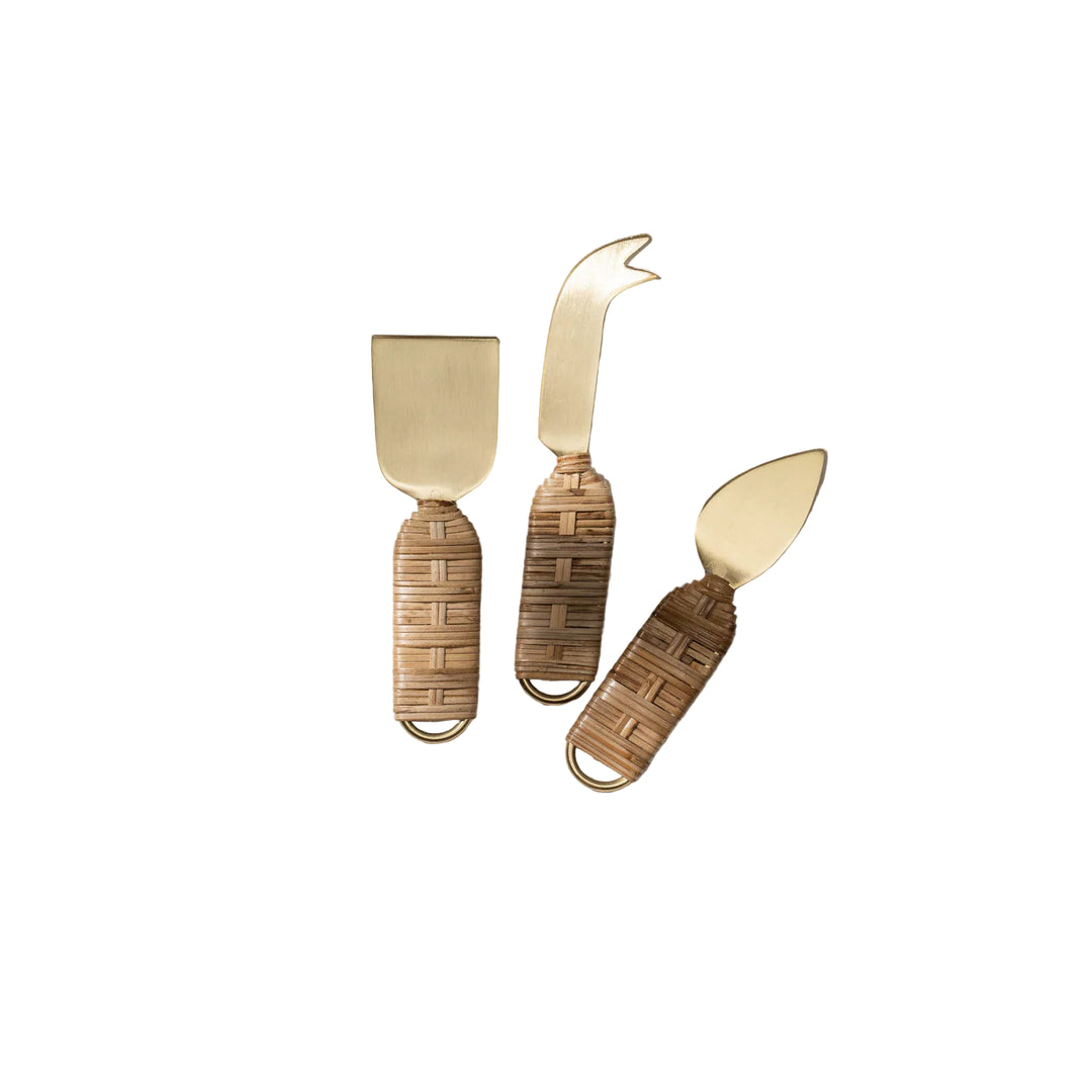 rattan and brass plated set of 3 cheese knives, perfect gift or for enteraining