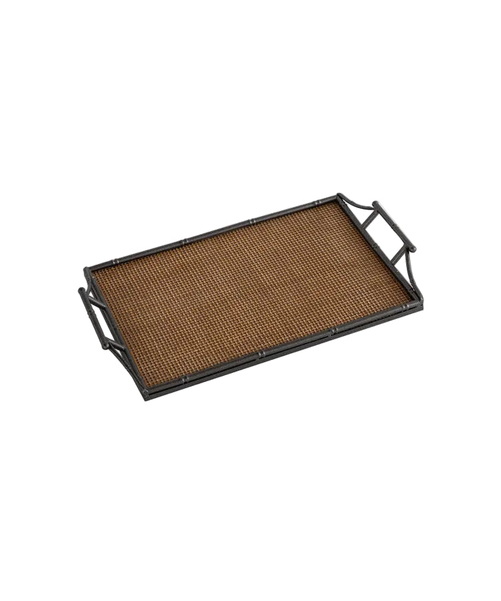 Rectangular tray with woven rattan surface and metal frame black and tan