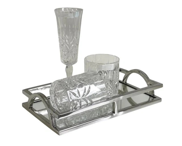 mirrored silver vanity tray with arched handles