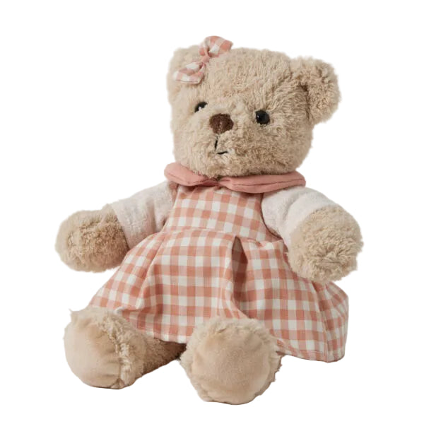 Teddy bear wearing a pink checkered dress on a white background