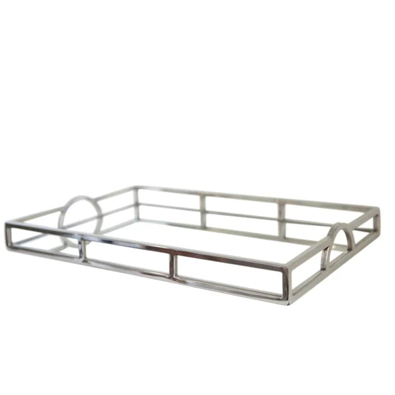 Silver plated rectangular tray with mirror base and arch handles
