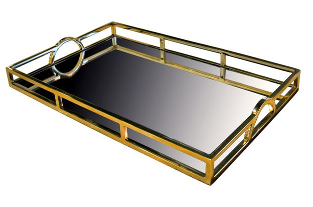 Gold finish rectangular tray with mirror ase