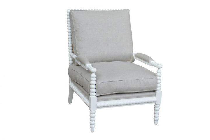 Bobbin oak armchair with white finish and oatmeal linen cushions