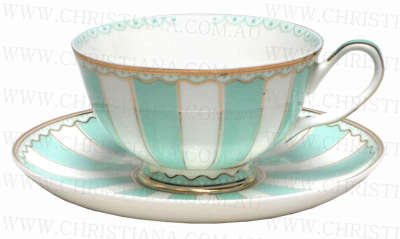 Green Stripe Cup & Saucer Gold trim retro