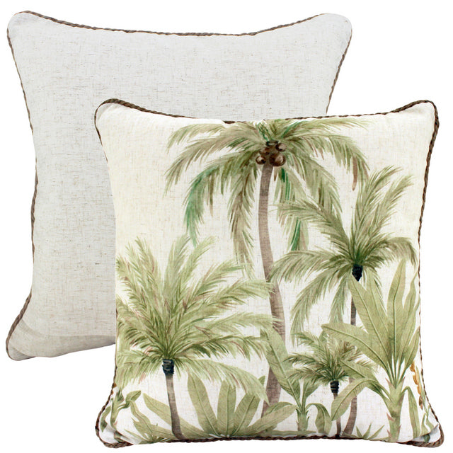 Piped cushion Palm Cluster linen and green