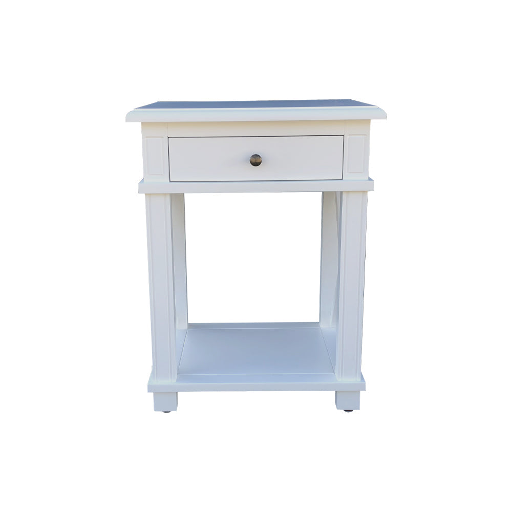 X Brace Side Table White - single draw and shelf