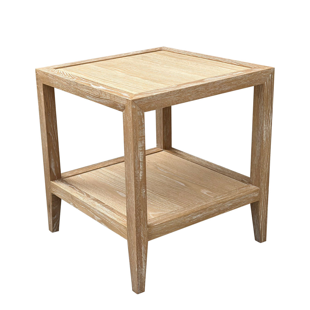 French Contemporary Side Table - Square Whitewashed Oak with one shelf