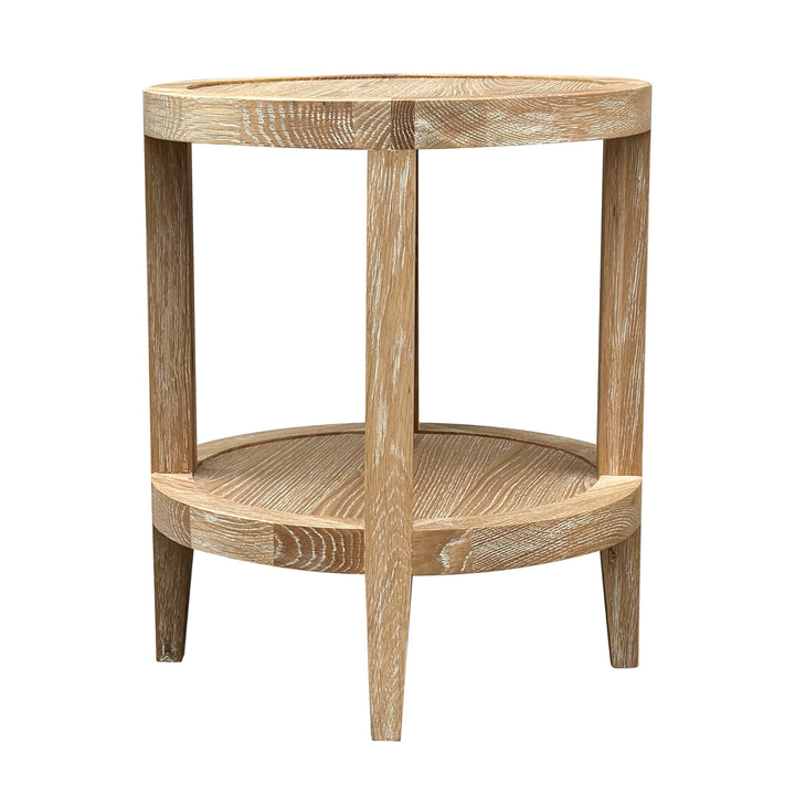  French Contemporary Round Side Table in Whitewashed Oak with one shelf