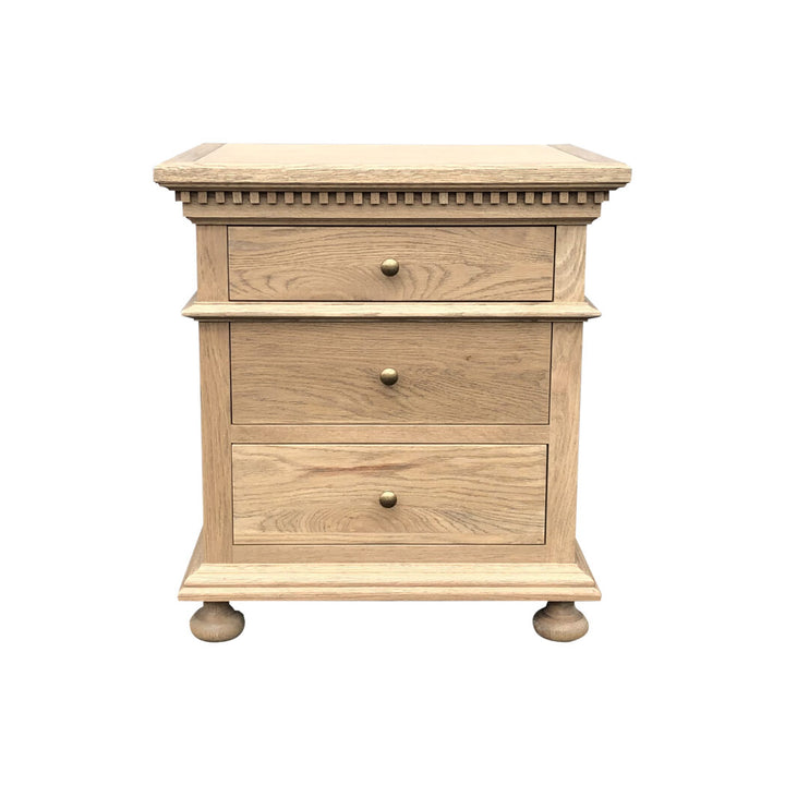 Frances Weathered Oak Bedside Table three draw