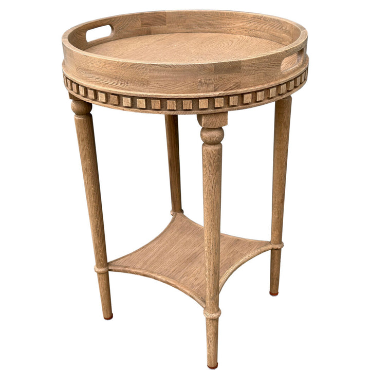round oak timber handcrafted side table with one shelf