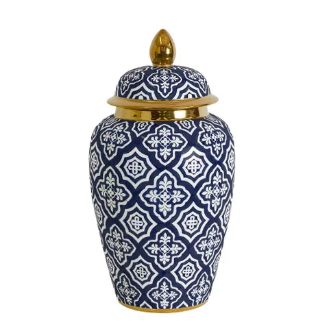 Tangier blue and white ginger jar with lid and gold trim