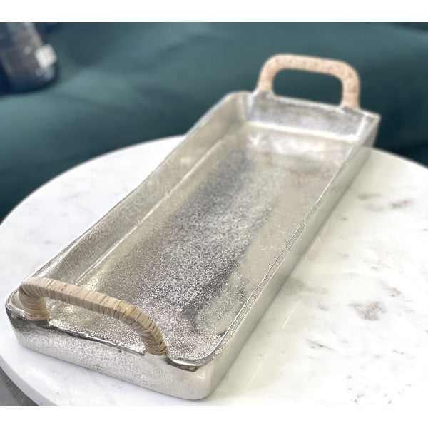 Silver Deep Long Tray with Wicker Handles