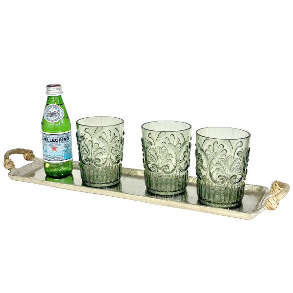 Rustic silver tray with rattan handles