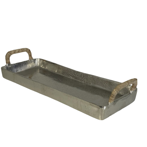 Rustic silver tray with rattan handles rectangular