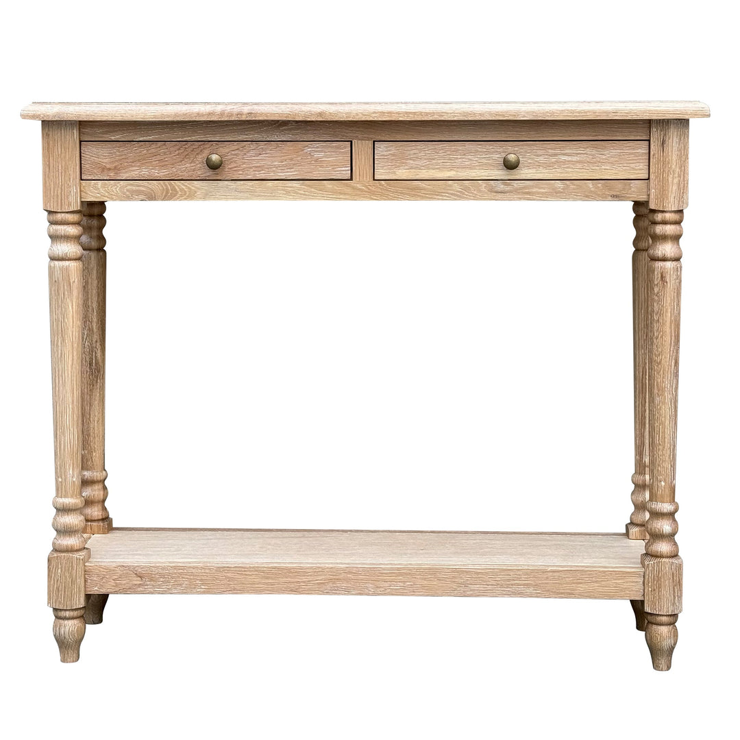 Lucius Console - Whitewash Oak - double draw, turned legs