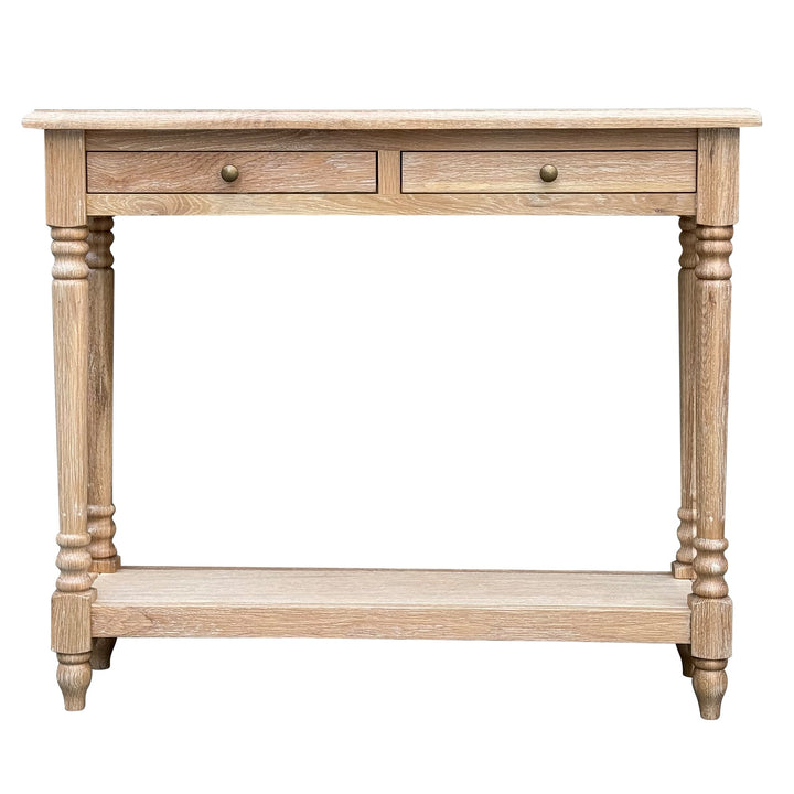 Lucius Console - Whitewash Oak - double draw, turned legs